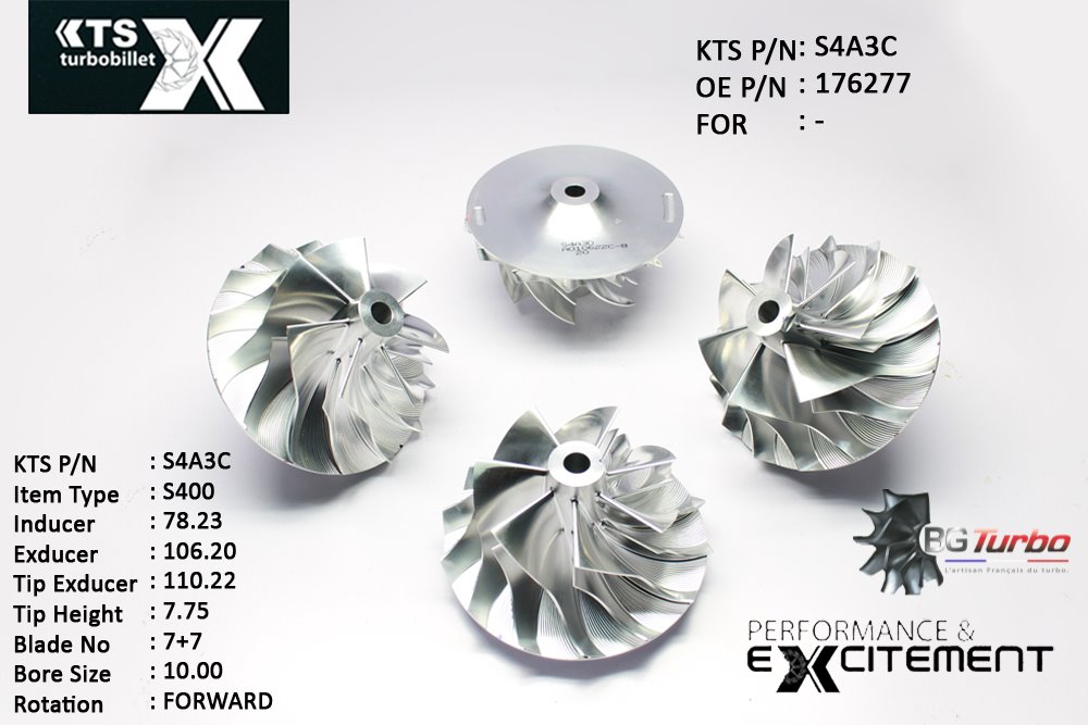 Turbo ROUE FORGÉE MFS PERFORMANCE - 7+7 PALES - INDUCER : 78,23 - EXDUCER : 106,2 - TYPE : S400ANGLE : 40° - ROTATION : Forward - SUPER BACK : 8,9 - BORE SIZE : 10
